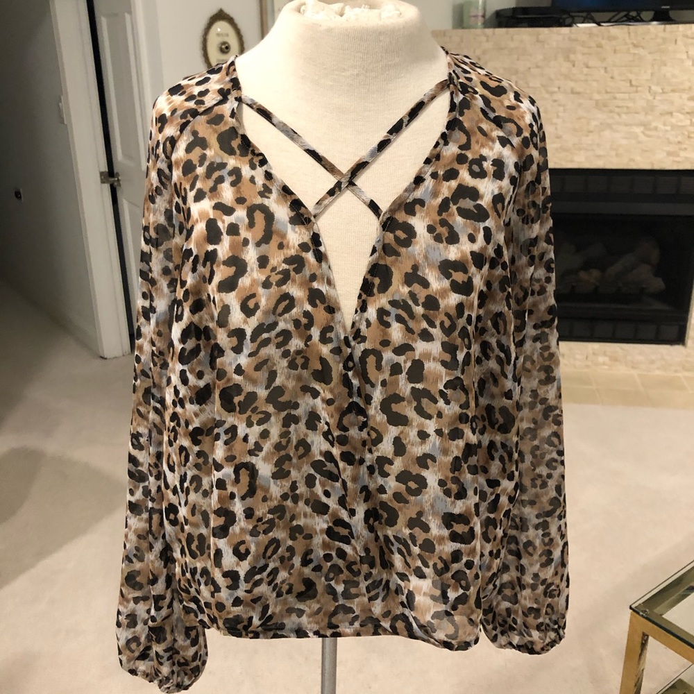 Sheer Leopard Print Criss Cross Blouse NWOT